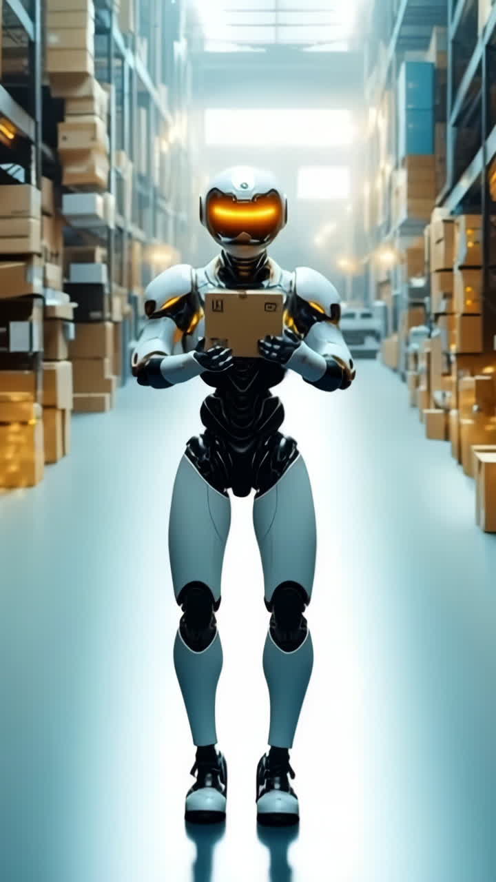 Robot handling warehouse packages. A robot in a large warehouse gets ready to sort and deliver items among stacks of cardboard boxes.
