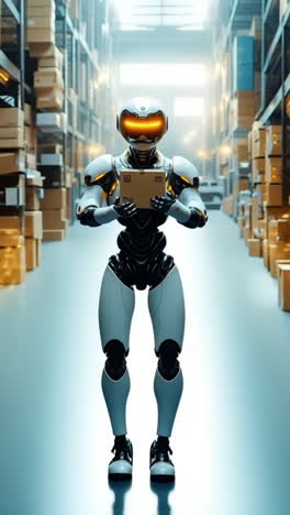 robot handling warehouse packages. a robot in a large warehouse gets ready to sort and deliver items among stacks of cardboard boxes.