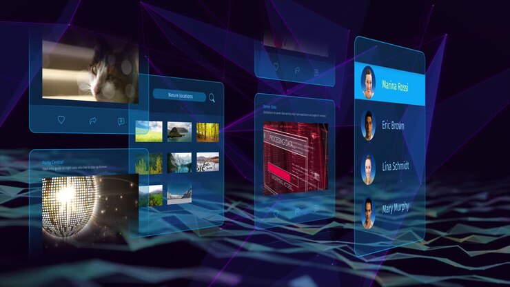 Animation of social media posts and people profiles over connections on black background