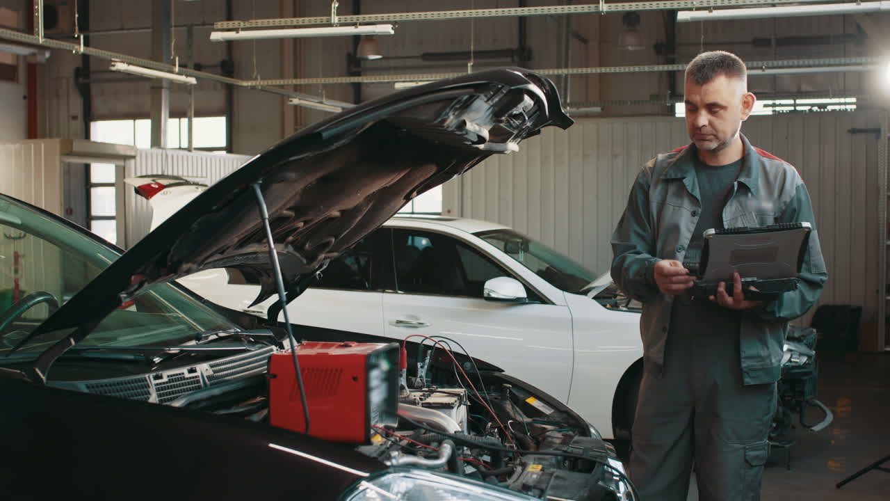 mecánico de automóviles diagnosticando un coche en un garaje