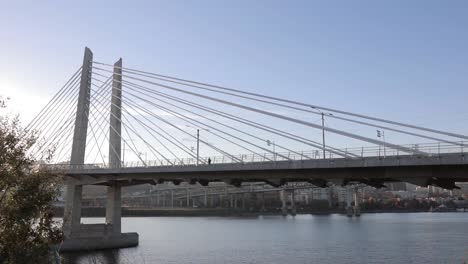 a modern cable-stayed bridge spans a river with a city in the background