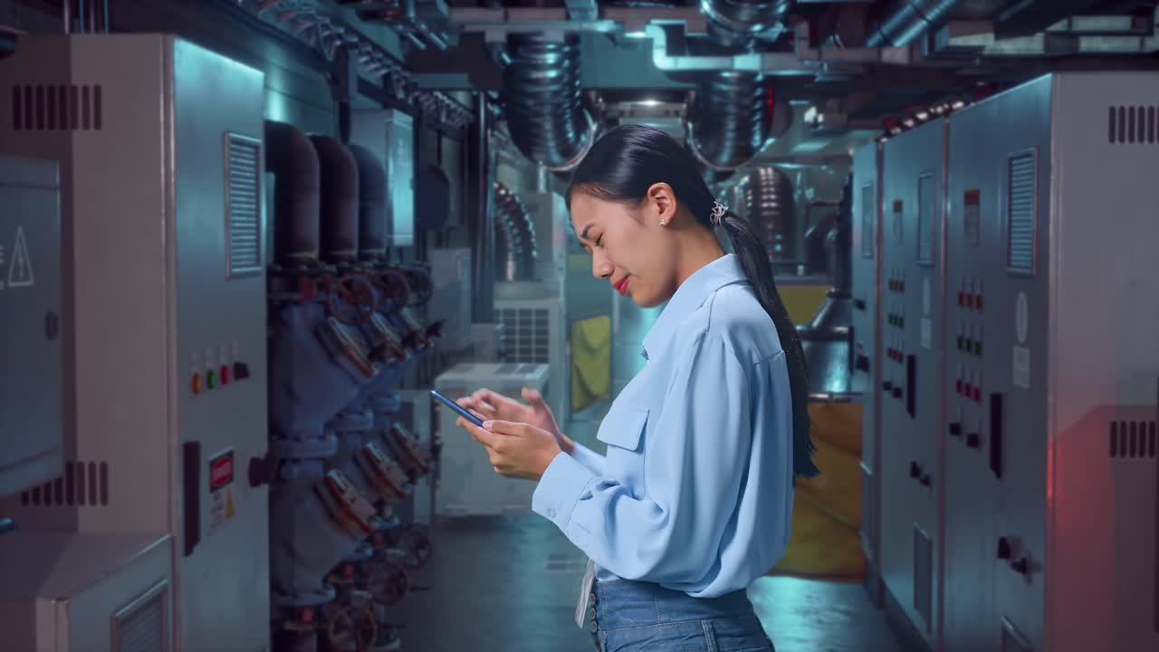 Side View Of An Asian Female Professional Worker Standing With Her Smartphone In Engine Control Room, Checking With Dissapionted And Nodding Her Shead