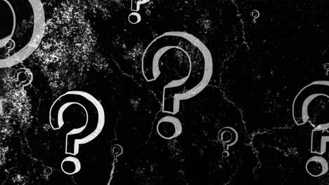 Animation-of-white-question-marks-floating-over-lightning-flashes-on-black-background