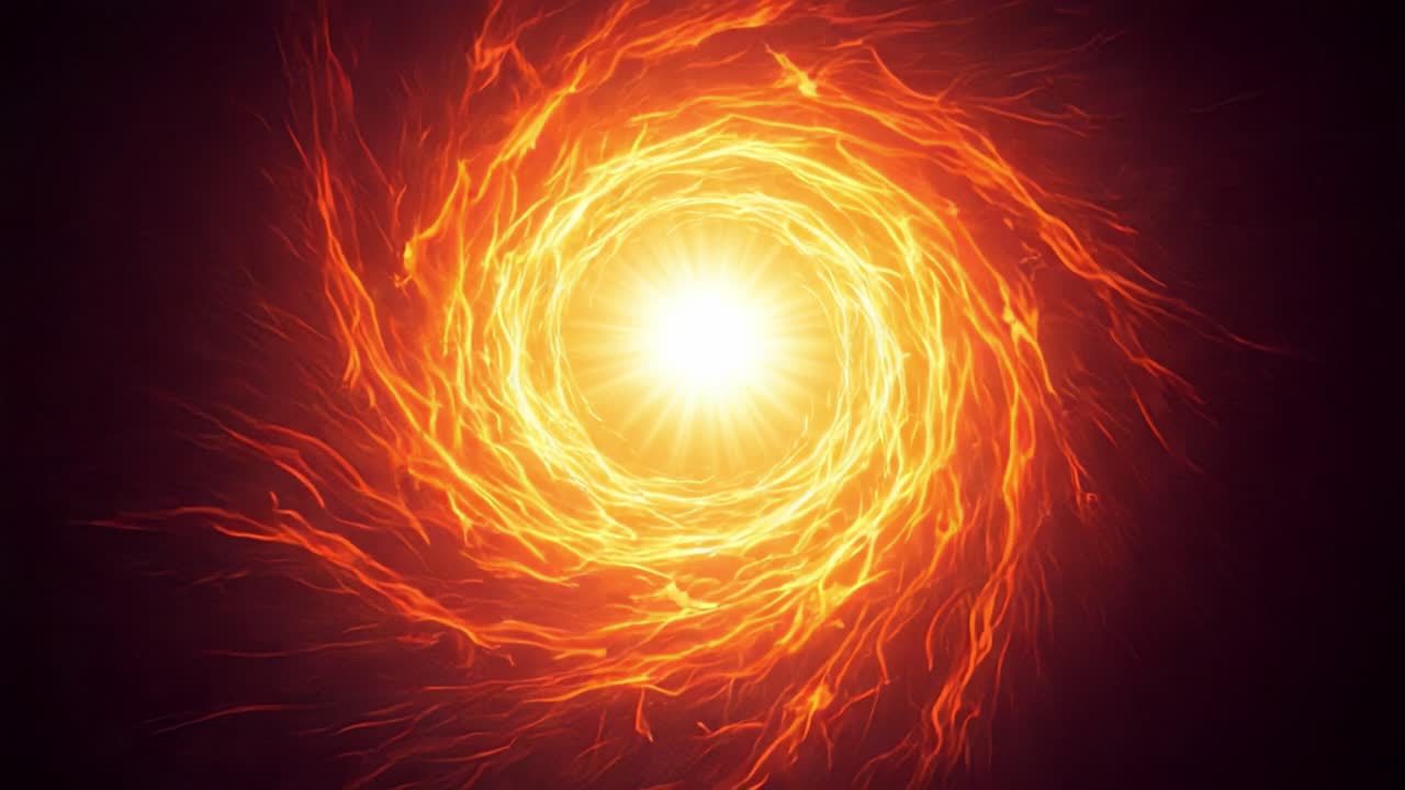 A Dynamic Spiral of Energy and Light: Observing the Mesmerizing Motion of a Bright Sun at the Core of a Fiery Swirl, Radiating Vibrant Energy and Intensity