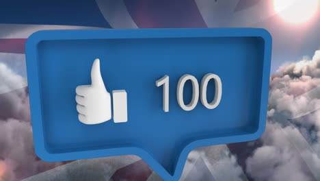 animation of like icon with numbers on speech bubble over american flag