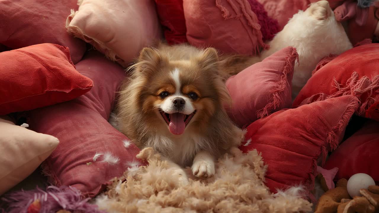 Cane di Pomerania che inclina la testa, ansima su cuscini rosa con piume sparse, in risposta a una voce fuori campo