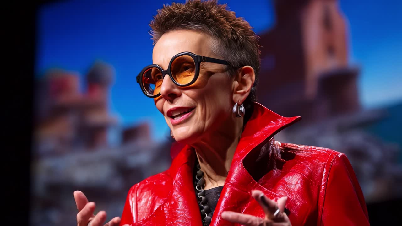 A dynamic speaker in a striking red outfit captivates the audience with a passionate presentation, showcasing powerful expression and engaging storytelling in a vibrant setting