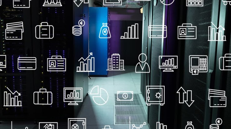 Animation of interface with digital icons against computer server room