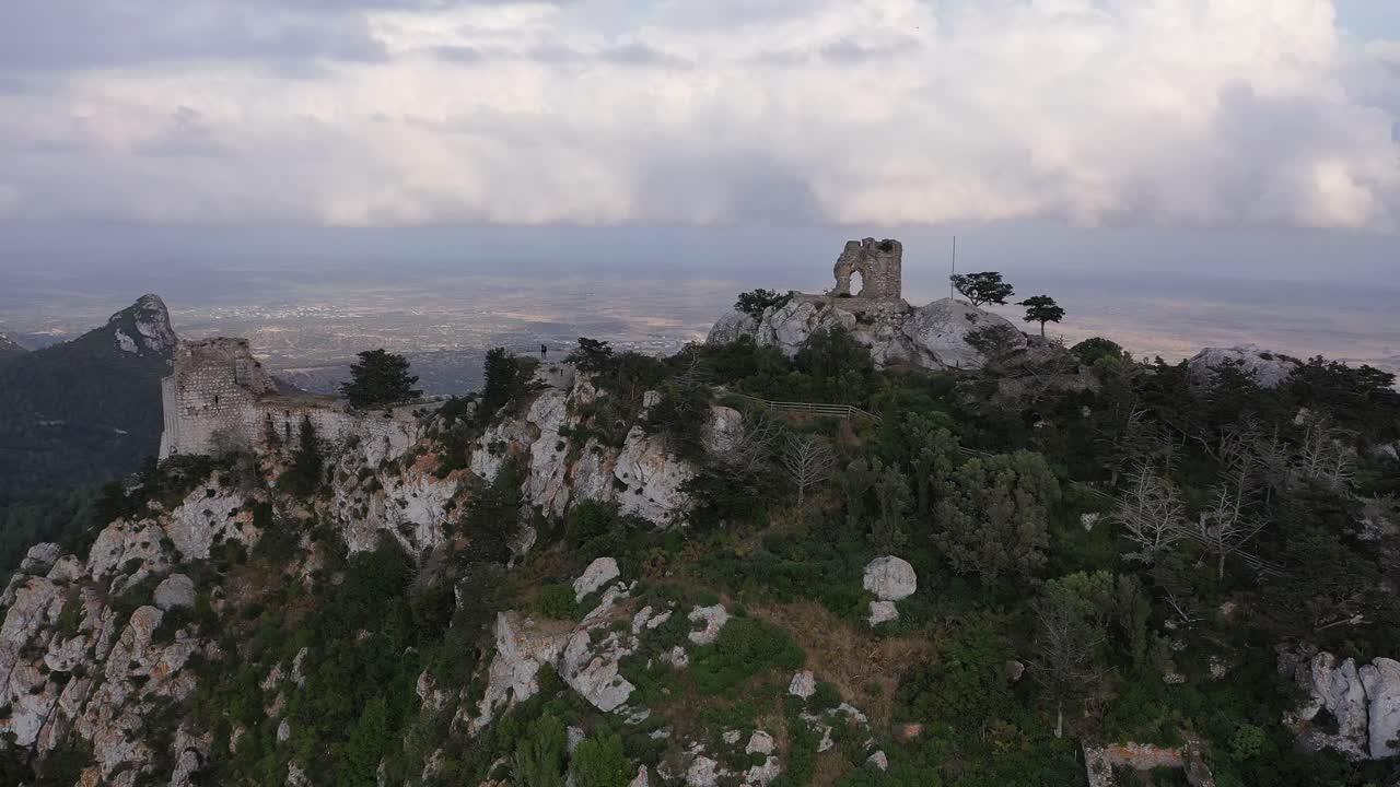 Aerial view of the historic Kantara Castle located on the mountain overlooking the Karpasia Peninsula