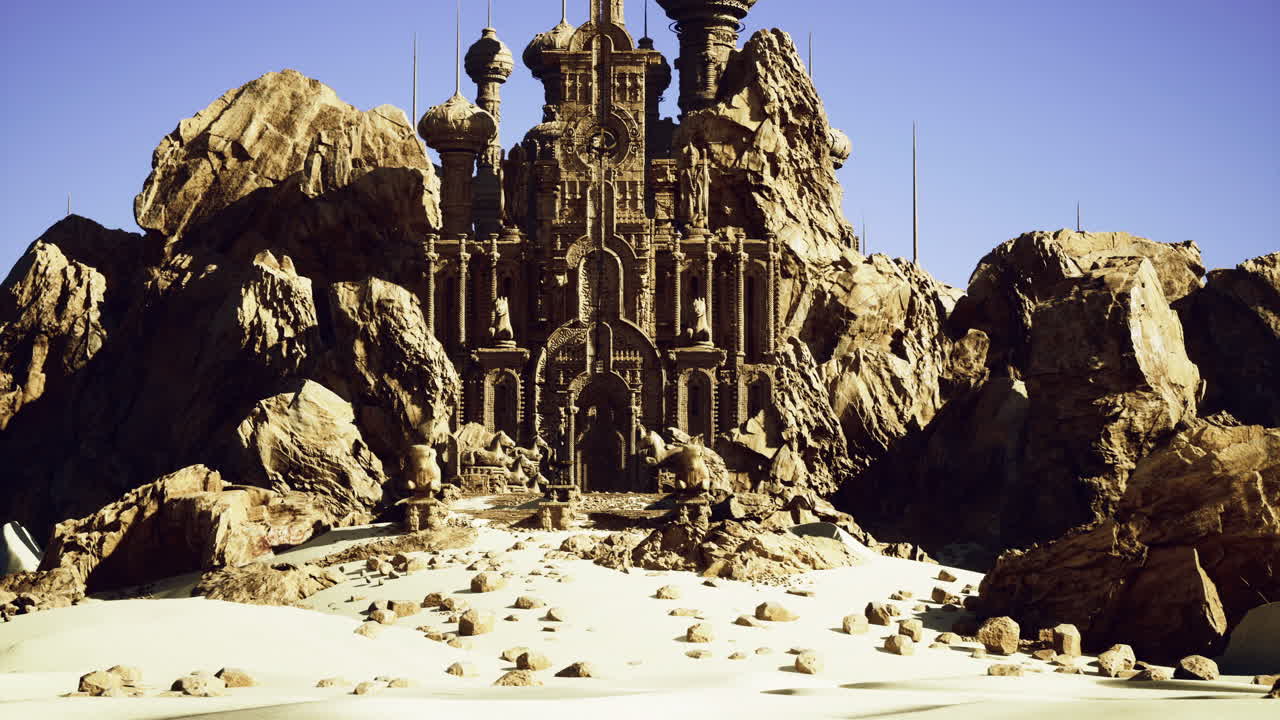 Intricate ancient castle nestled among rocky formations in a desert landscape