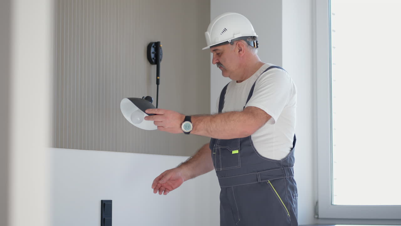 Electrician checks the operation of the wall sconces of the lamp in the house after installation and repair