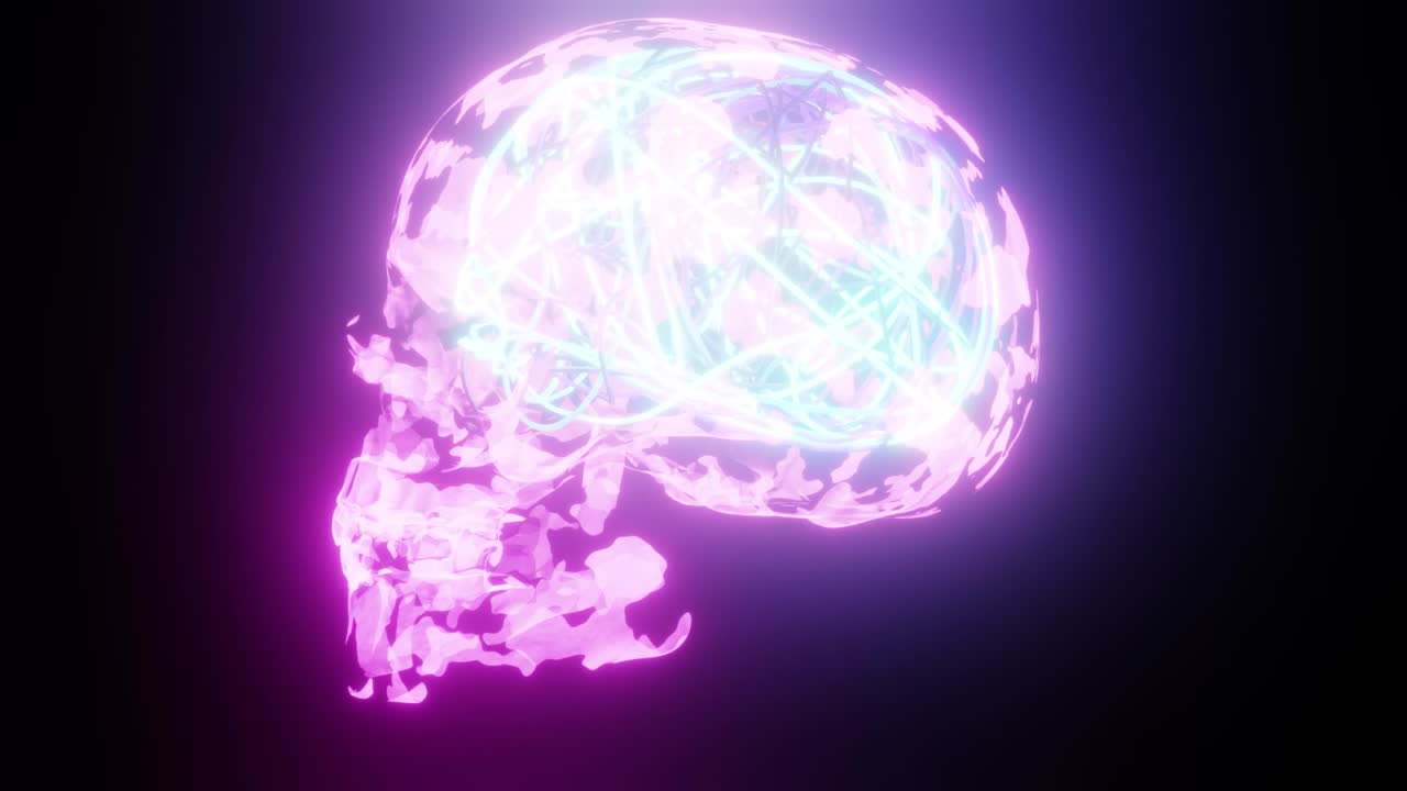 Teschio al neon rosa con cervello blu su sfondo VJ loop