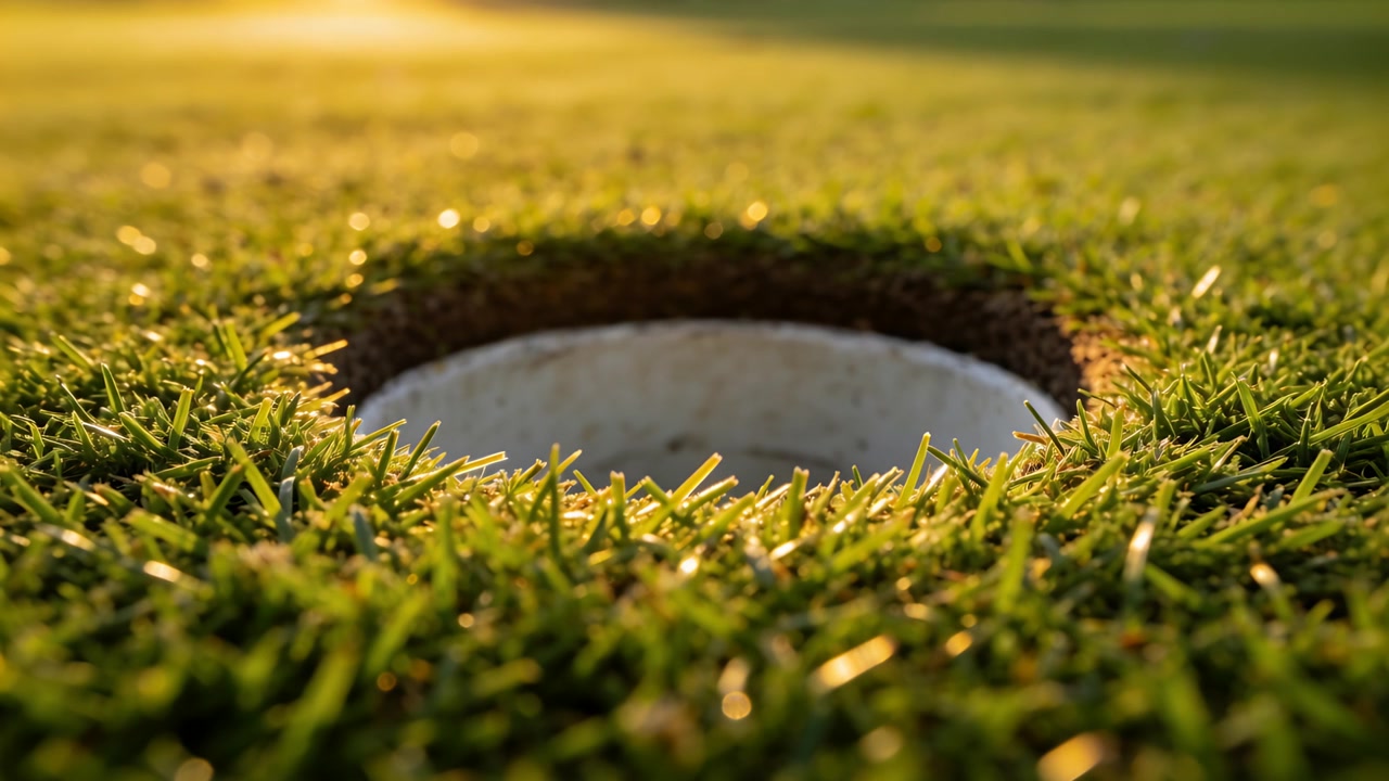 Wechselndes goldenes Sonnenlicht beleuchtet Golfloch mit weißer Auskleidung auf Putting Green, Brise bewegt Grashalme.
