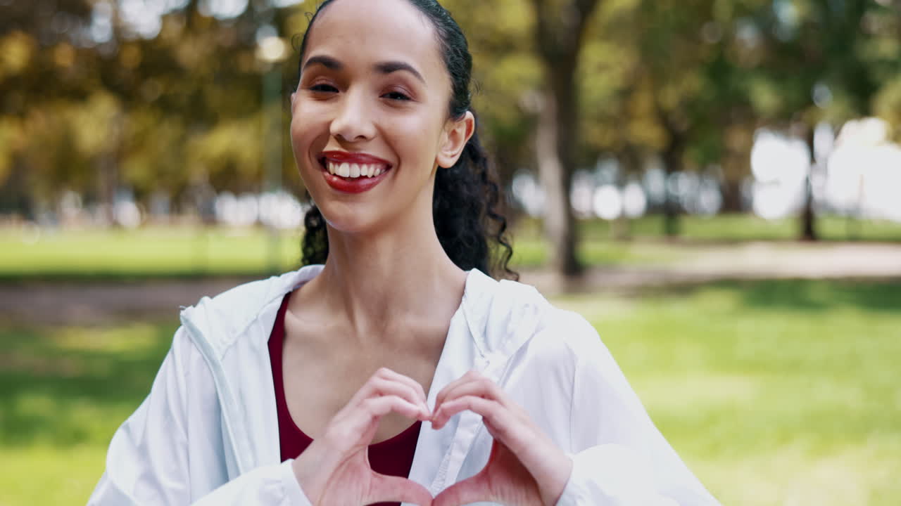 피트니스 공원, 얼굴과 행복한 여자와 심장 손