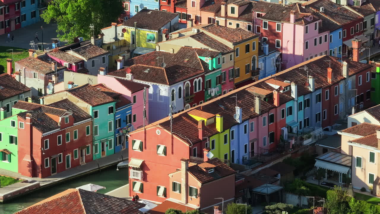 Aerial drone view of the colourful houses of Burano Island, Italy