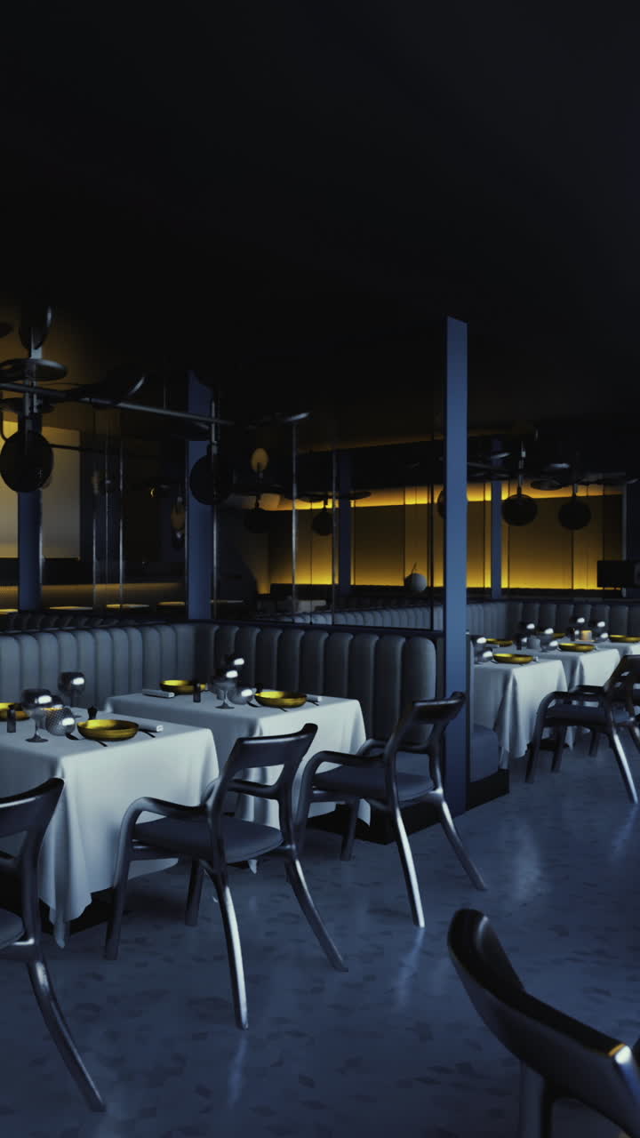 Ruang makan yang elegan dengan desain modern menciptakan suasana nyaman di malam hari.