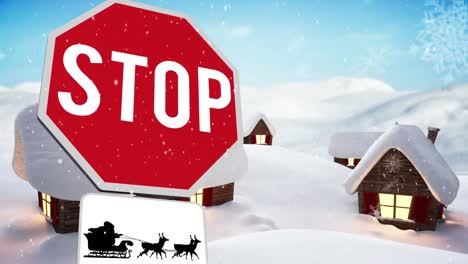 Digital-animation-of-snow-falling-over-stop-text-and-black-silhouette-of-santa-claus-in-sleigh