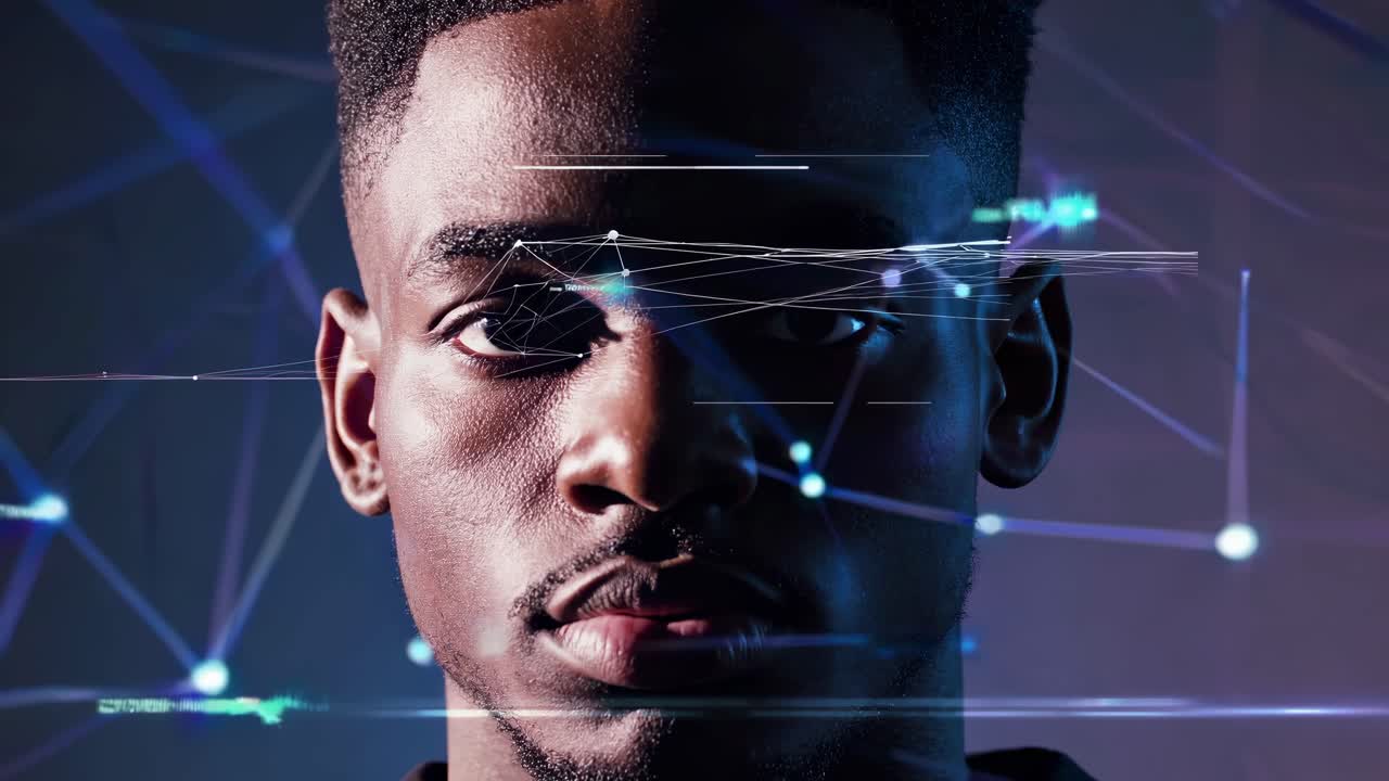 Close-up portrait of a man with digital overlay