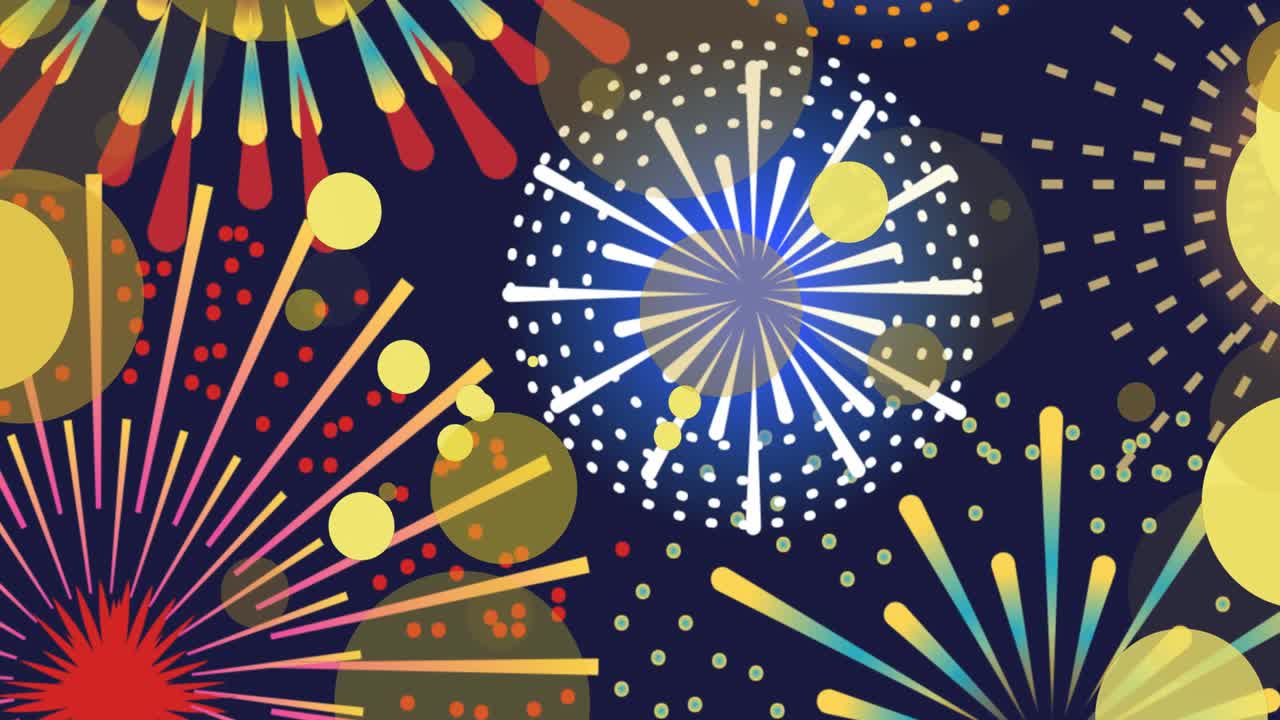 다채로운 불꽃놀이 폭발과 검은 바탕에 보케 노란색 빛 반점의 애니메이션