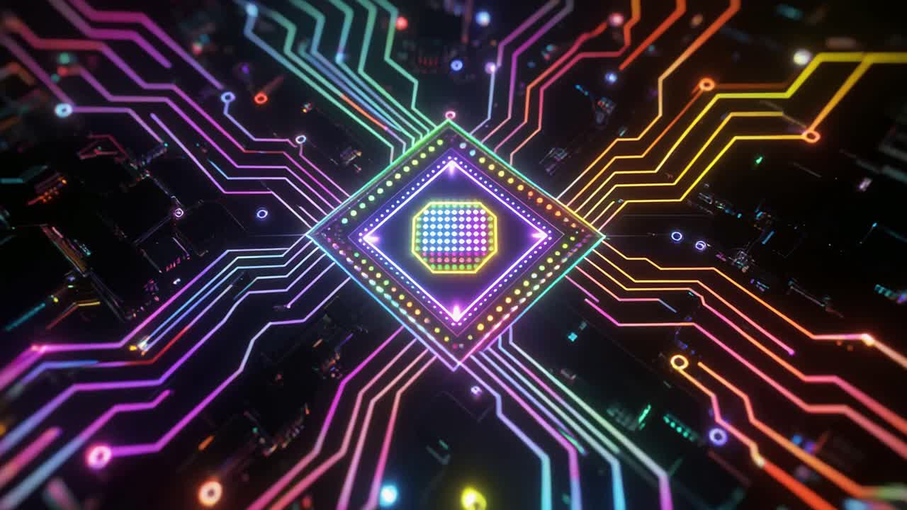 Futuristisk mikrochip-processor med glødende datalinjer