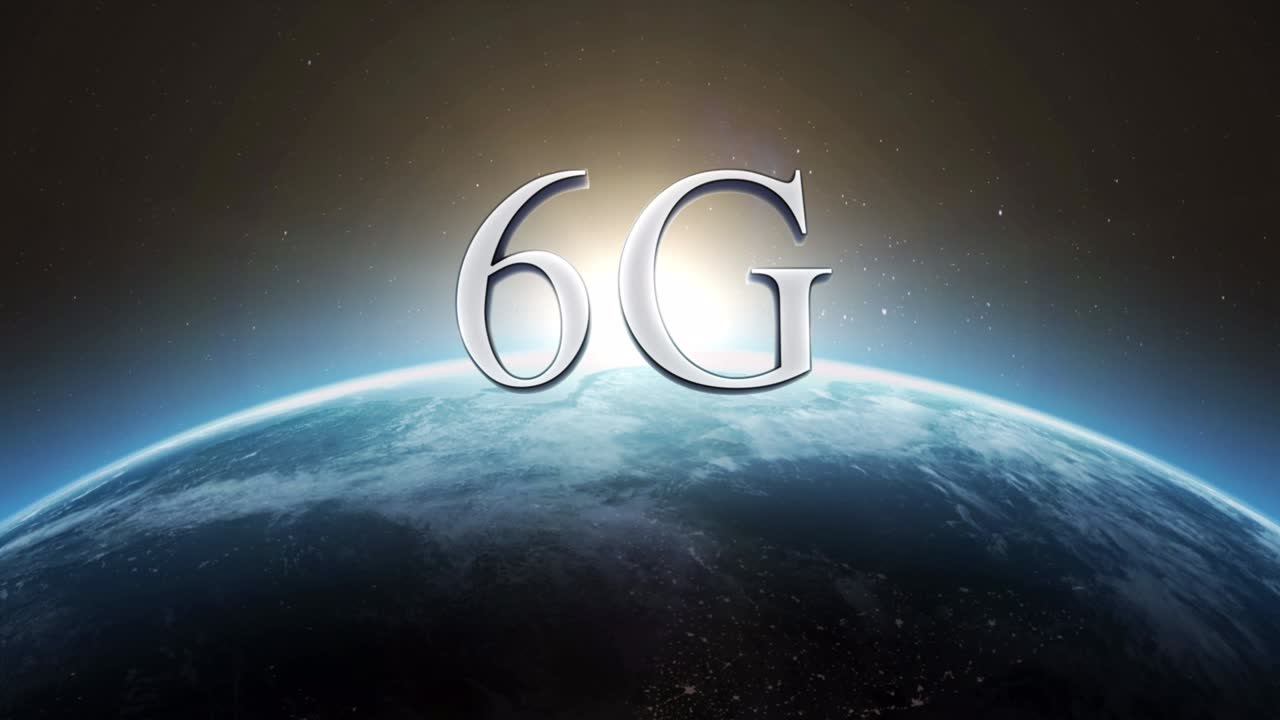 animación de texto de 6g sobre un globo giratorio y el amanecer visto desde el espacio