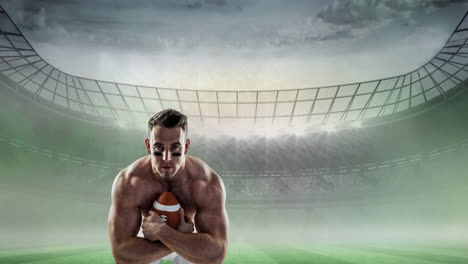 animación de un jugador de rugby sosteniendo la pelota sobre un estadio deportivo