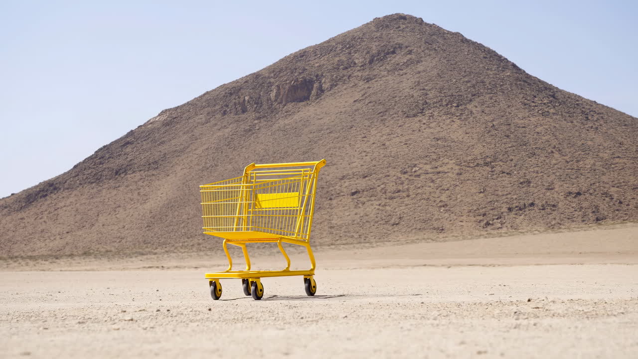 Abandoned Yellow Shopping Cart in Vast Dry Desert