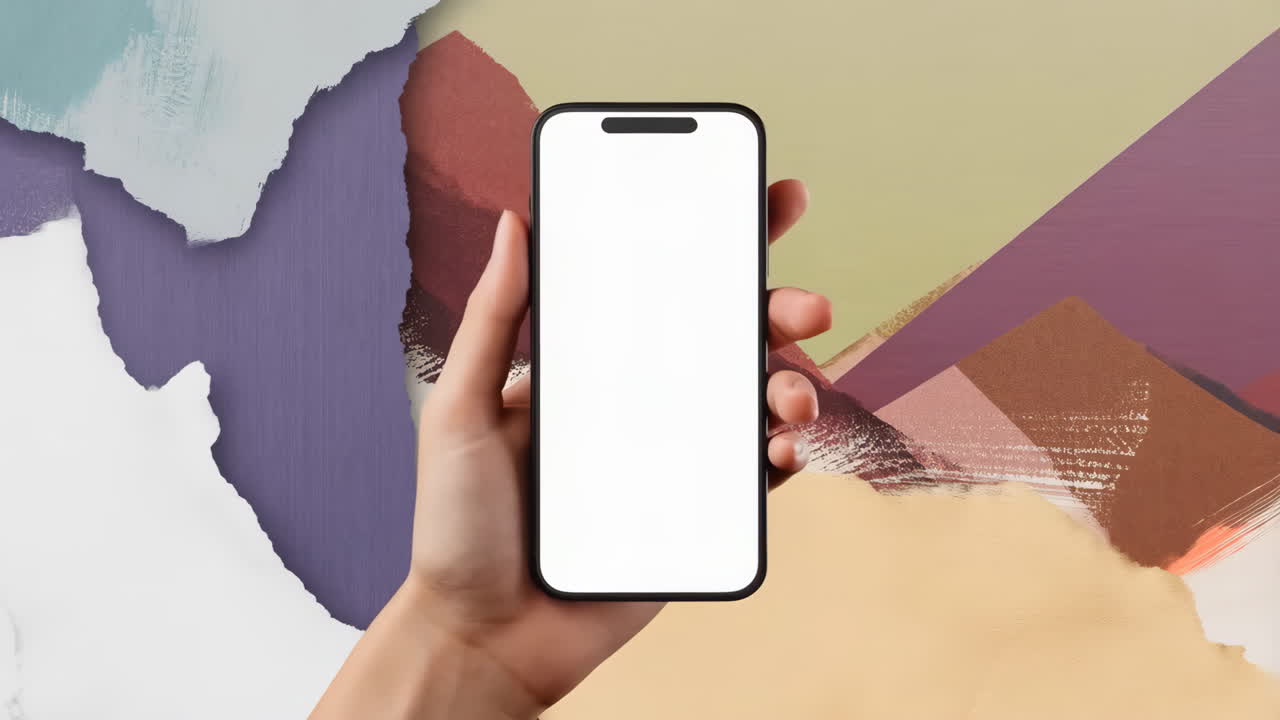 Mão segurando smartphone com tela em branco em plano de fundo abstrato