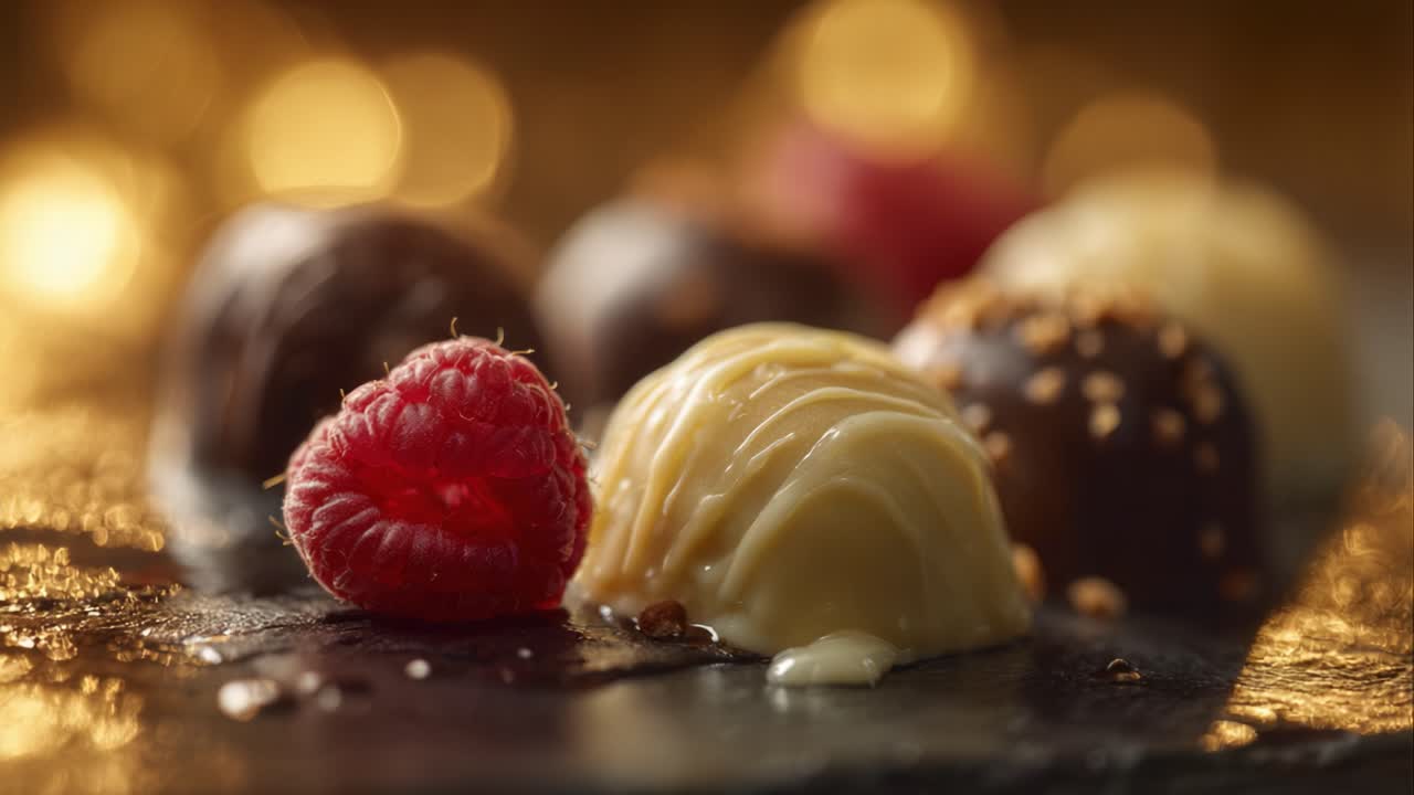 Exquisite Chocolate Delicacies Featuring Raspberries and Drizzling Ganache, Set Against a Sparkling Bokeh Background, Perfect for Gourmet Indulgence