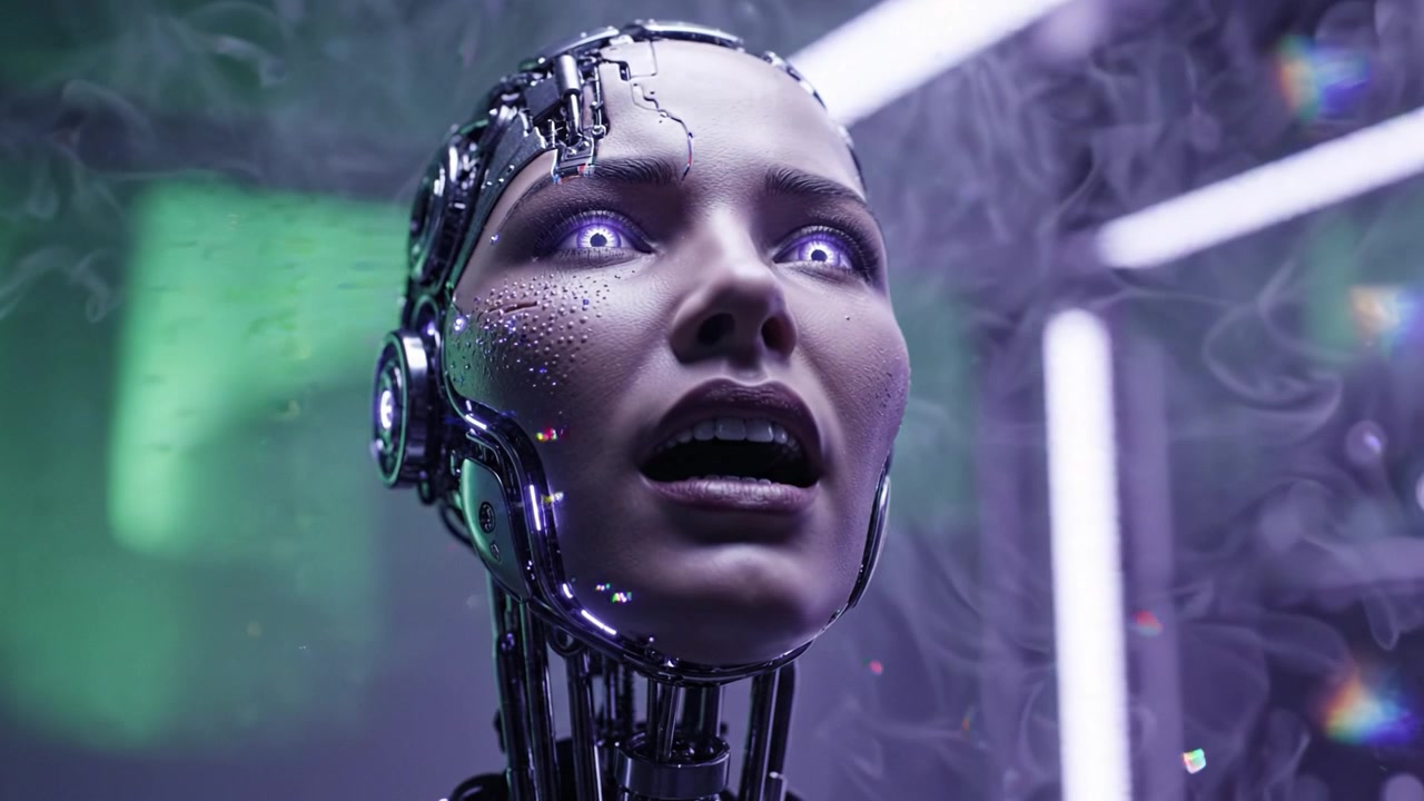 Ritratto sorprendente di un androide futuristico con occhi luminescenti e dettagli metallici, che cattura l'essenza della robotica avanzata in un vibrante ambiente neon.