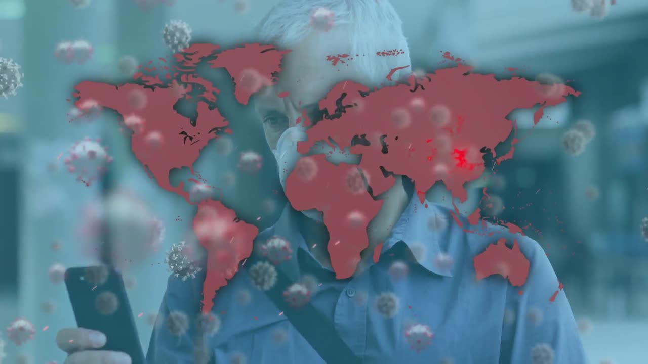 animação de células de coronavírus sobre um homem usando máscara facial