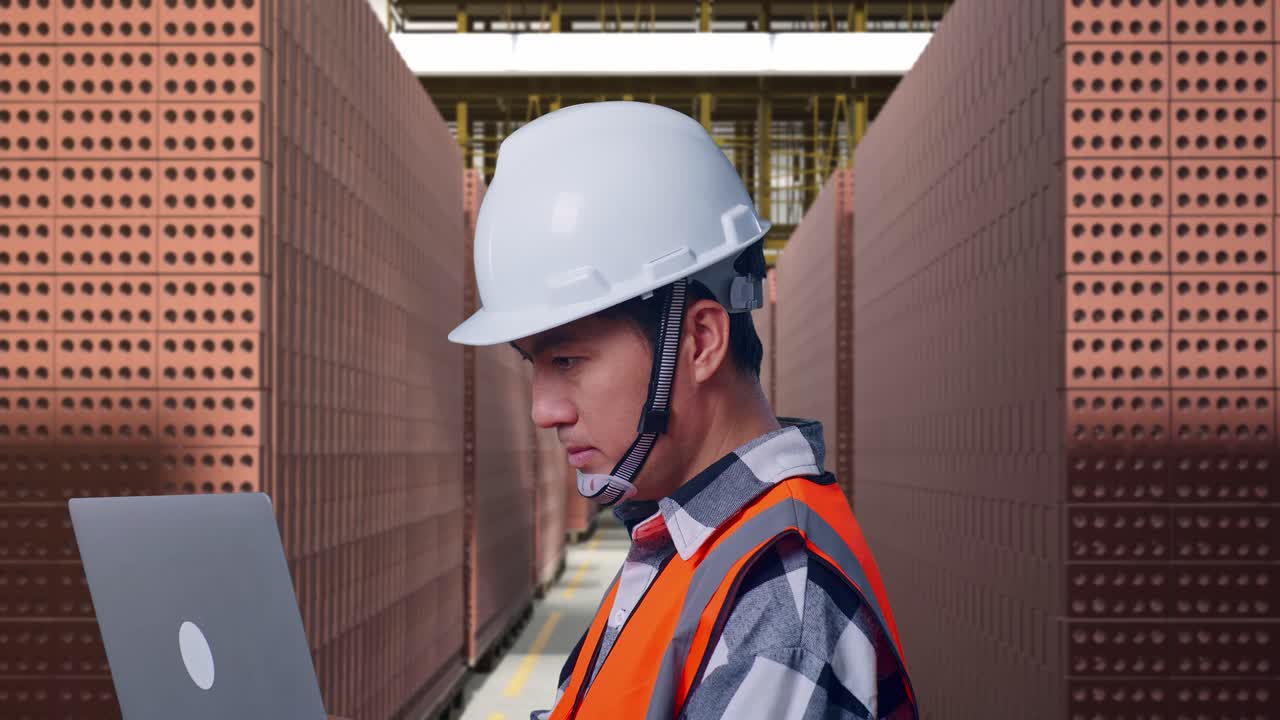 Close Up Side View Of Asian Male Engineer With Safety Helmet Working On A Laptop While Standing With Red Brick Packed in Stacks Are Stored