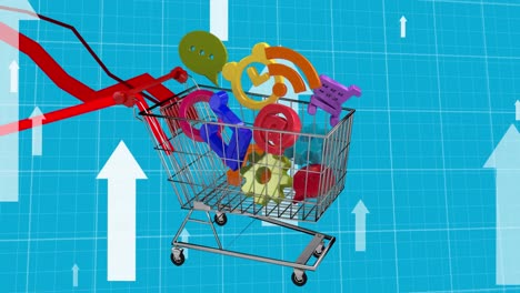 animation of arrows pointing up and red lines processing over shopping trolley with digital icons