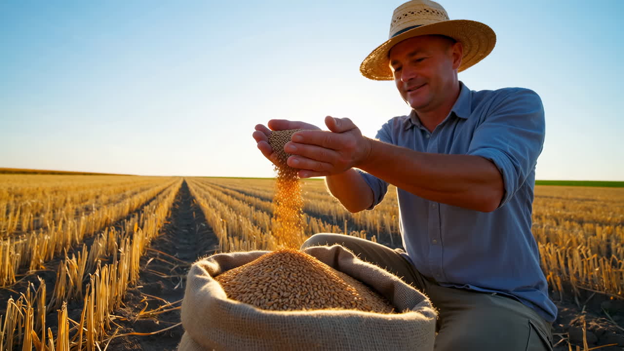 Farmer holding and inspecting harvested grain in a field