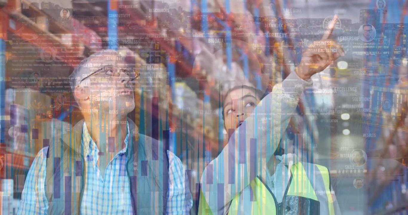 Animation of data processing over diverse male supervisor and female worker working at warehouse