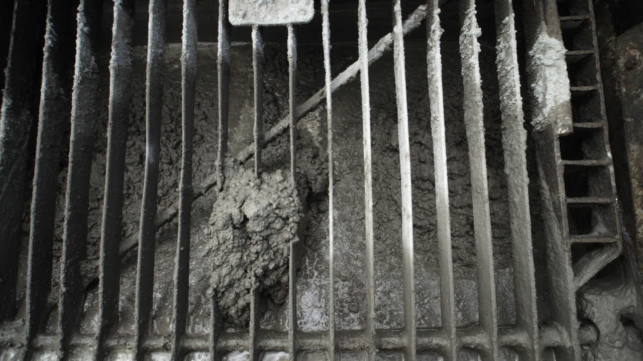 쏟아질 준비가 된 펌핑 기계에서 젖은 시멘트 혼합을 닫습니다.