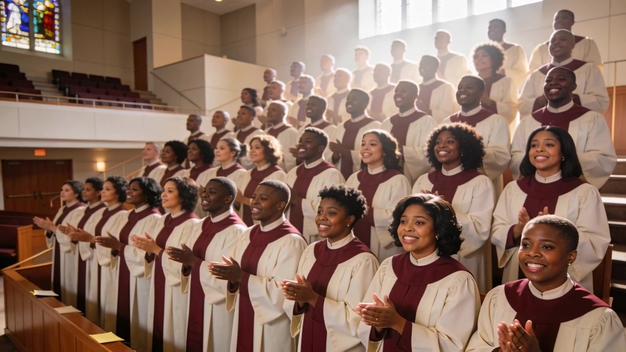 Passage starting, church choir singing and clapping on wooden risers during service, cream robes