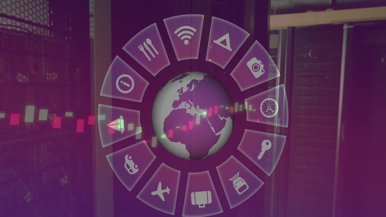 animación de múltiples iconos digitales sobre el globo giratorio y procesamiento de datos contra la sala del servidor