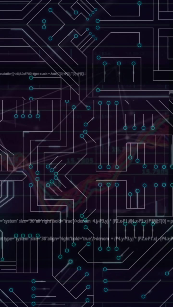 Animazione di connessioni di microprocessori su elaborazione dati su sfondo nero.