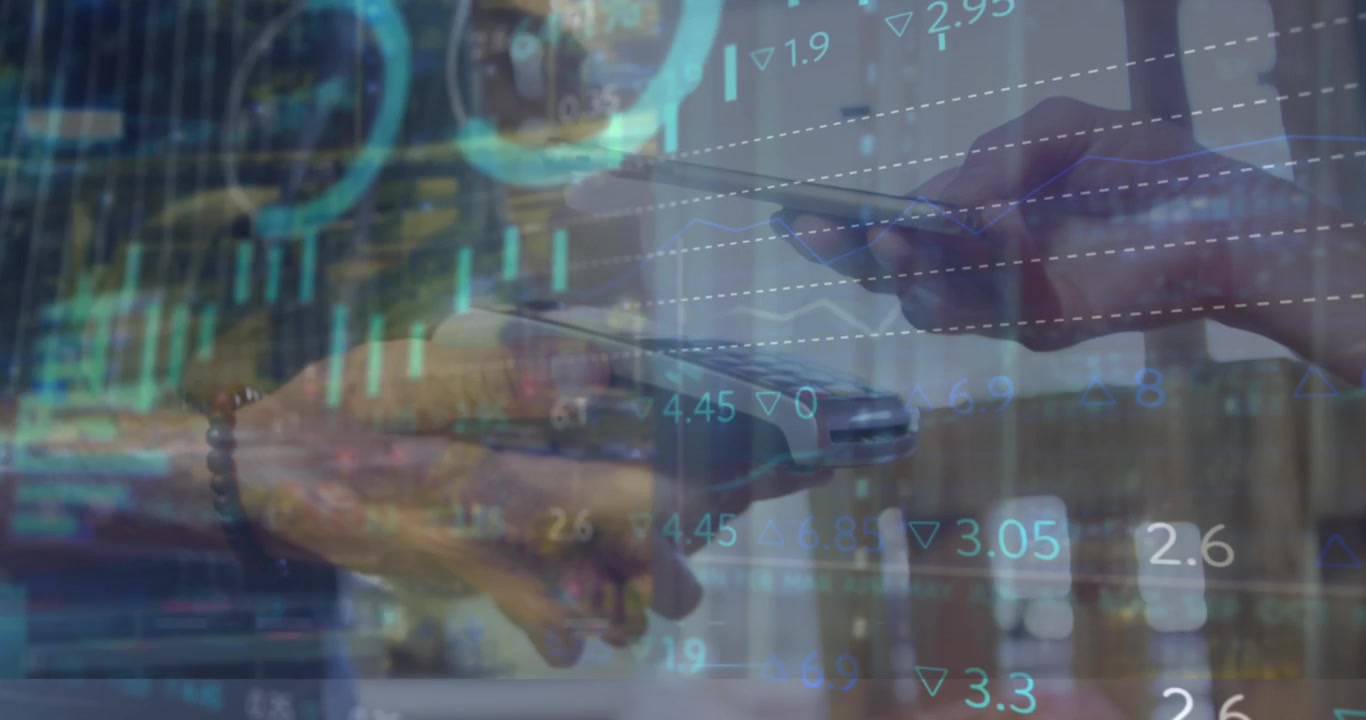 Animation of data processing over woman wearing vr headset