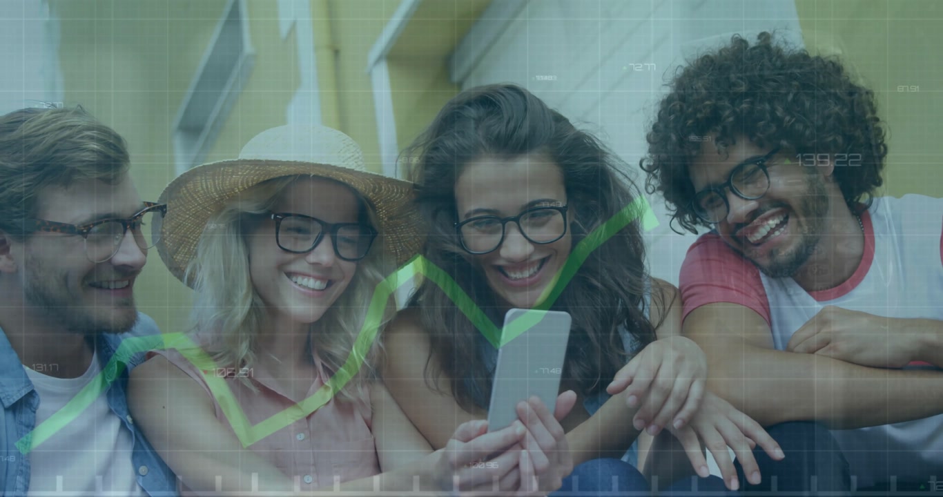 Animation of graph over diverse friends watching old memories on smartphone