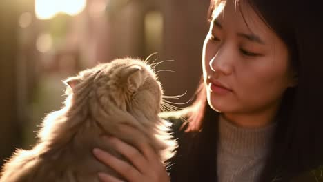 a heartwarming moment between a young woman and her adorable cat as they embrace in the soft golden glow of sunset in a serene outdoor setting