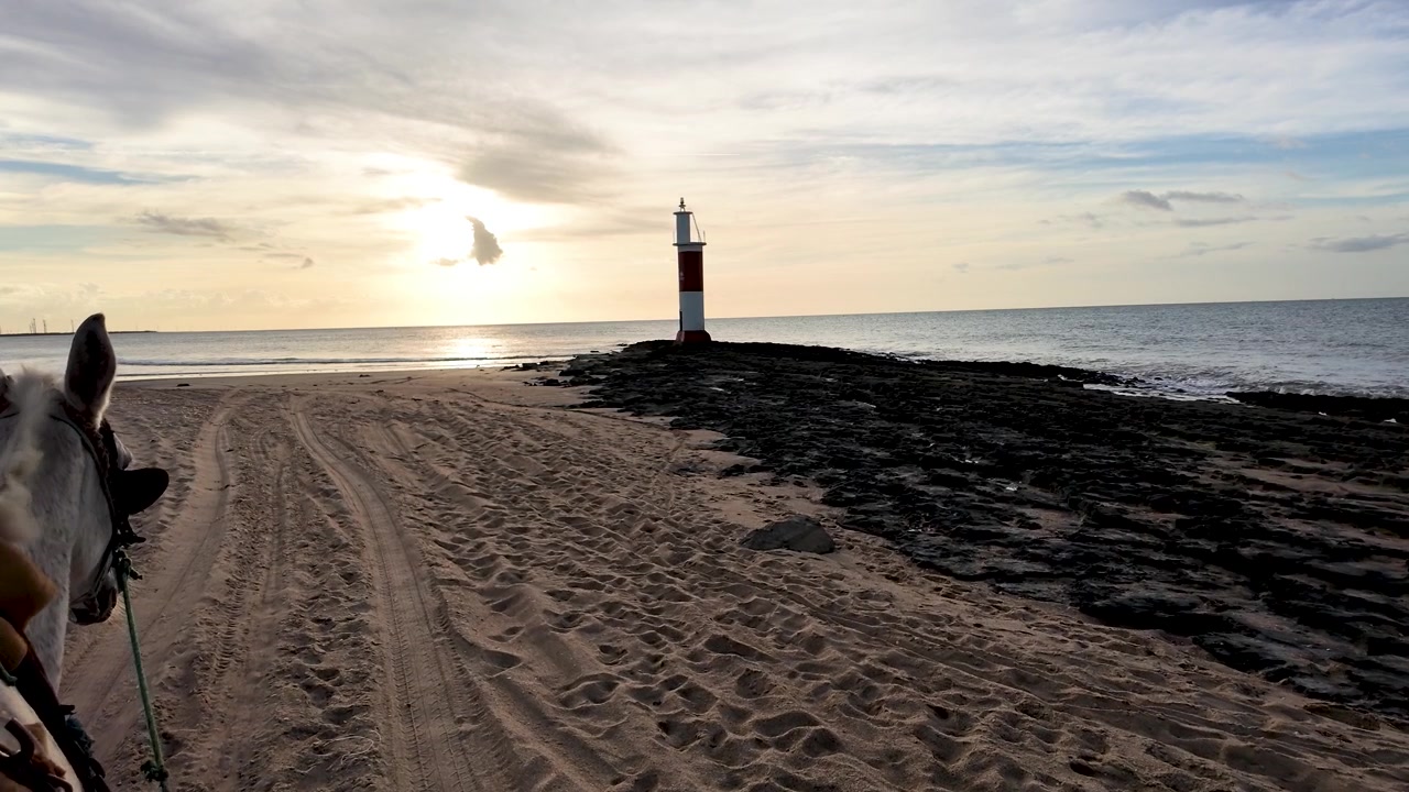 Faro al tramonto, a bordo di una carrozza trainata da cavalli su una spiaggia nel Brasile nord-orientale, al rallentatore.