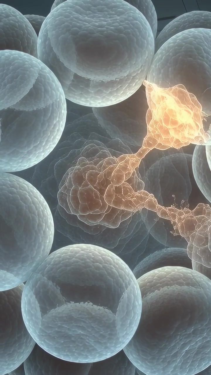 Video verticale: Sfera centrale illuminata che invia filamenti arancioni attraverso le fessure, formando una rete cellulare