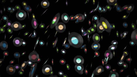 flying many vinyl records on black background. old technology. retro design. 3d animation of music record rotating. loop animation.