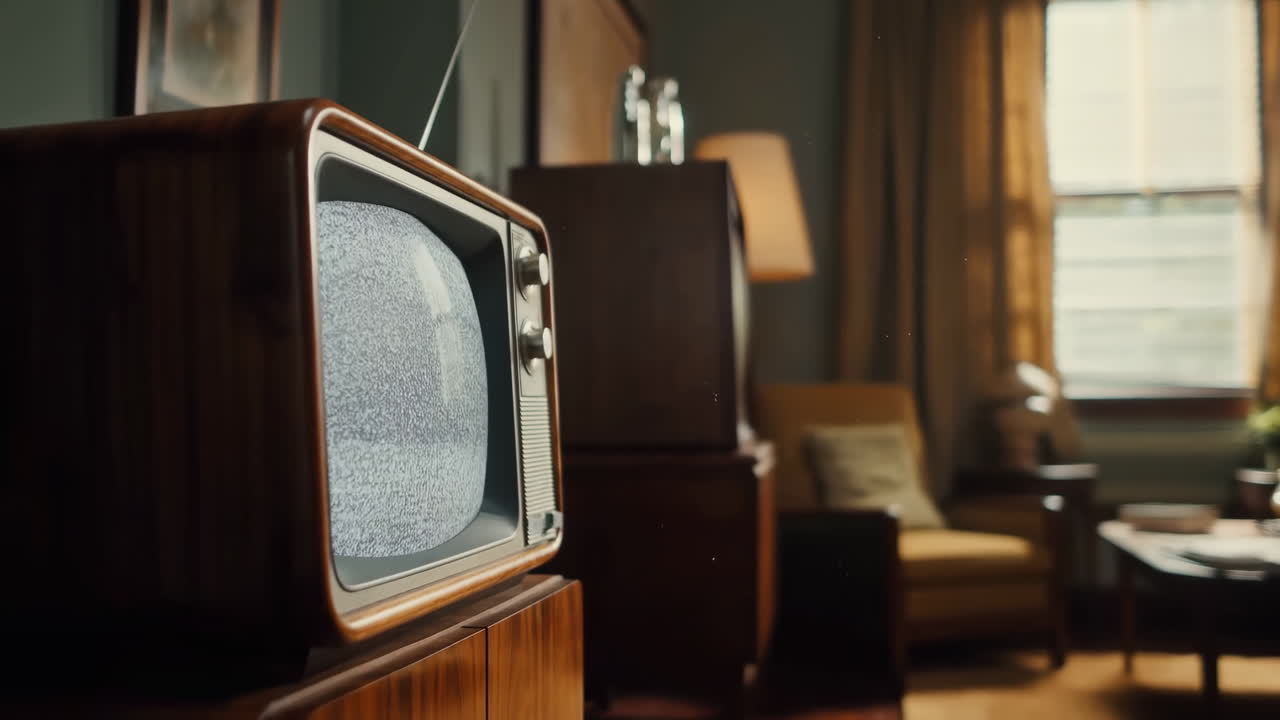 Televisore vintage in un salotto di metà secolo, consolle in legno arrotondata con neve sullo schermo, calda luce dalla finestra.