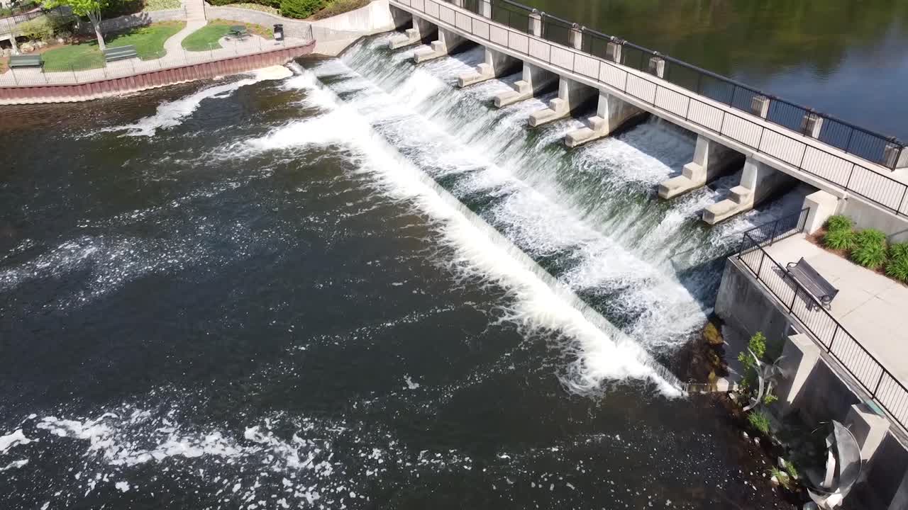 Rockford Michigan aerial drone footage dam river waterfall