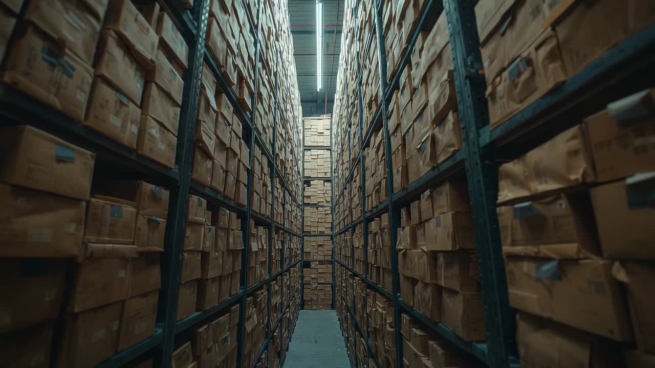 Starting camera pushing forward through storage aisle for stock audit, showing brown boxes