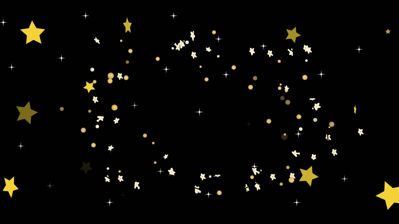 Dot clusters spawning at edges and drifting inward, orbiting into spinning star ring revealing void