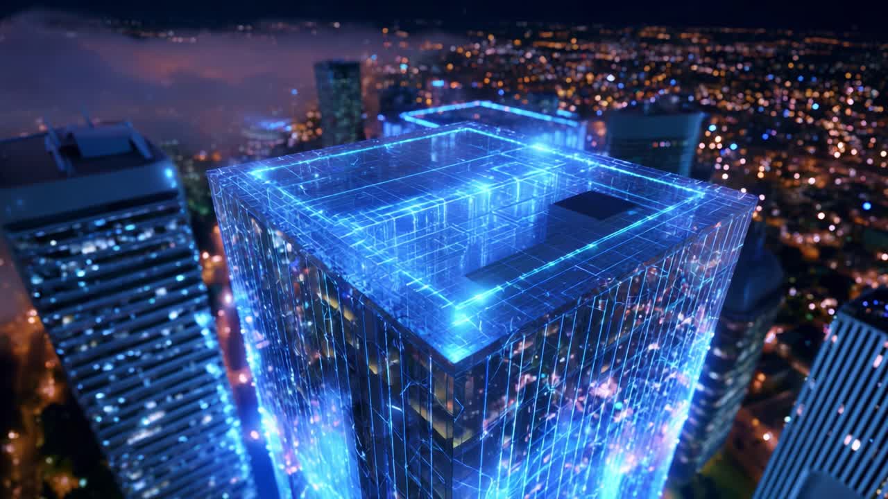 A Stunning Visualization of Futuristic Skyscrapers Illuminated at Night, Showcasing Glowing Grid Patterns and Advanced Architectural Design Against a Backdrop of a Vibrant Cityscape Dotted with Twinkling Lights